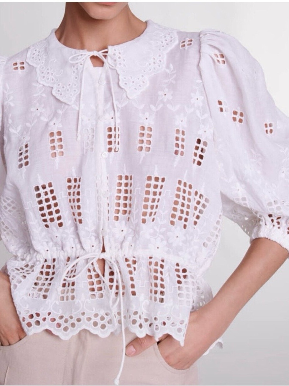 Maje White Eyelet Tie-Waist Peasant Blouse